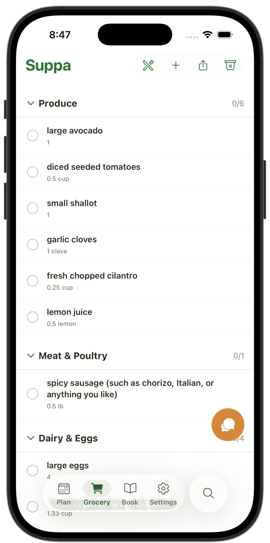 Suppa grocery list screen grouped by shopping section
