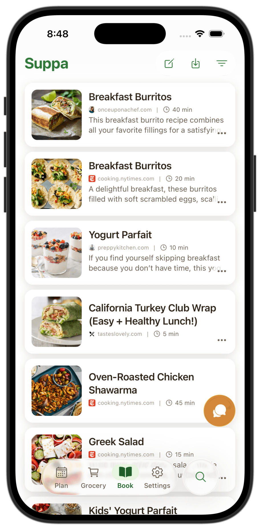 Suppa recipe book screen with saved recipes