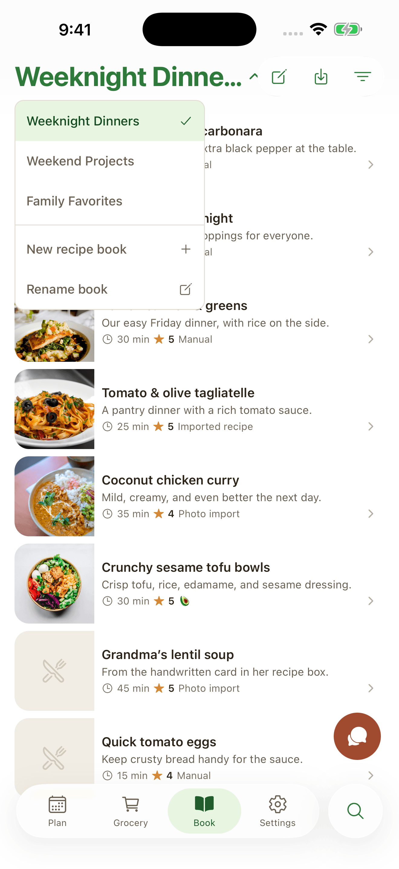 Weeknight Dinners recipe book with a varied collection and the book management menu open
