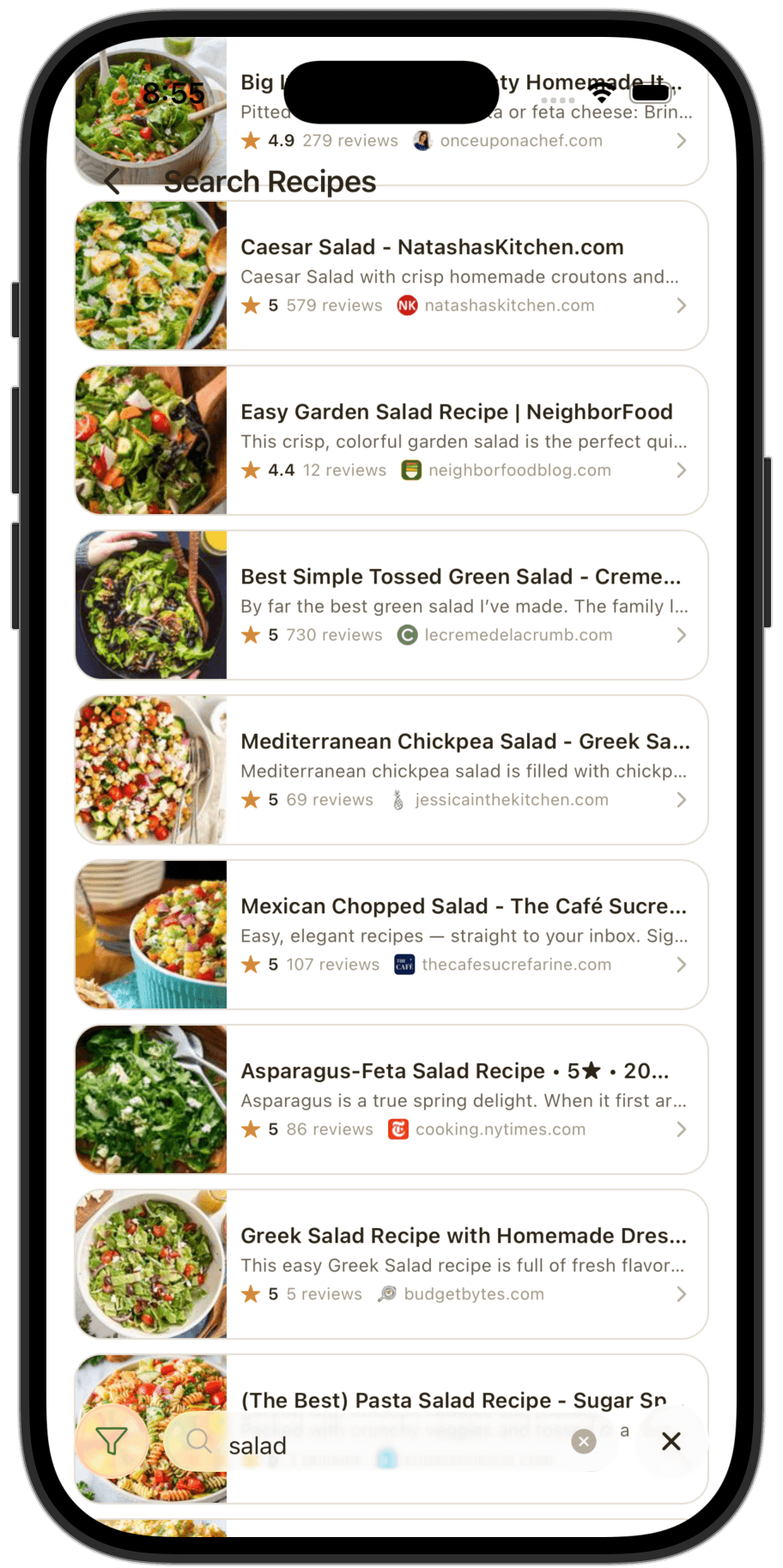 Suppa recipe search screen showing salad recipe results