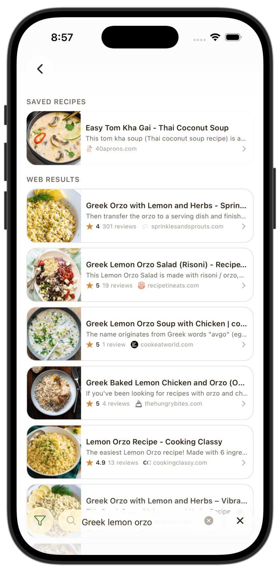 Suppa recipe search screen showing salad recipe results