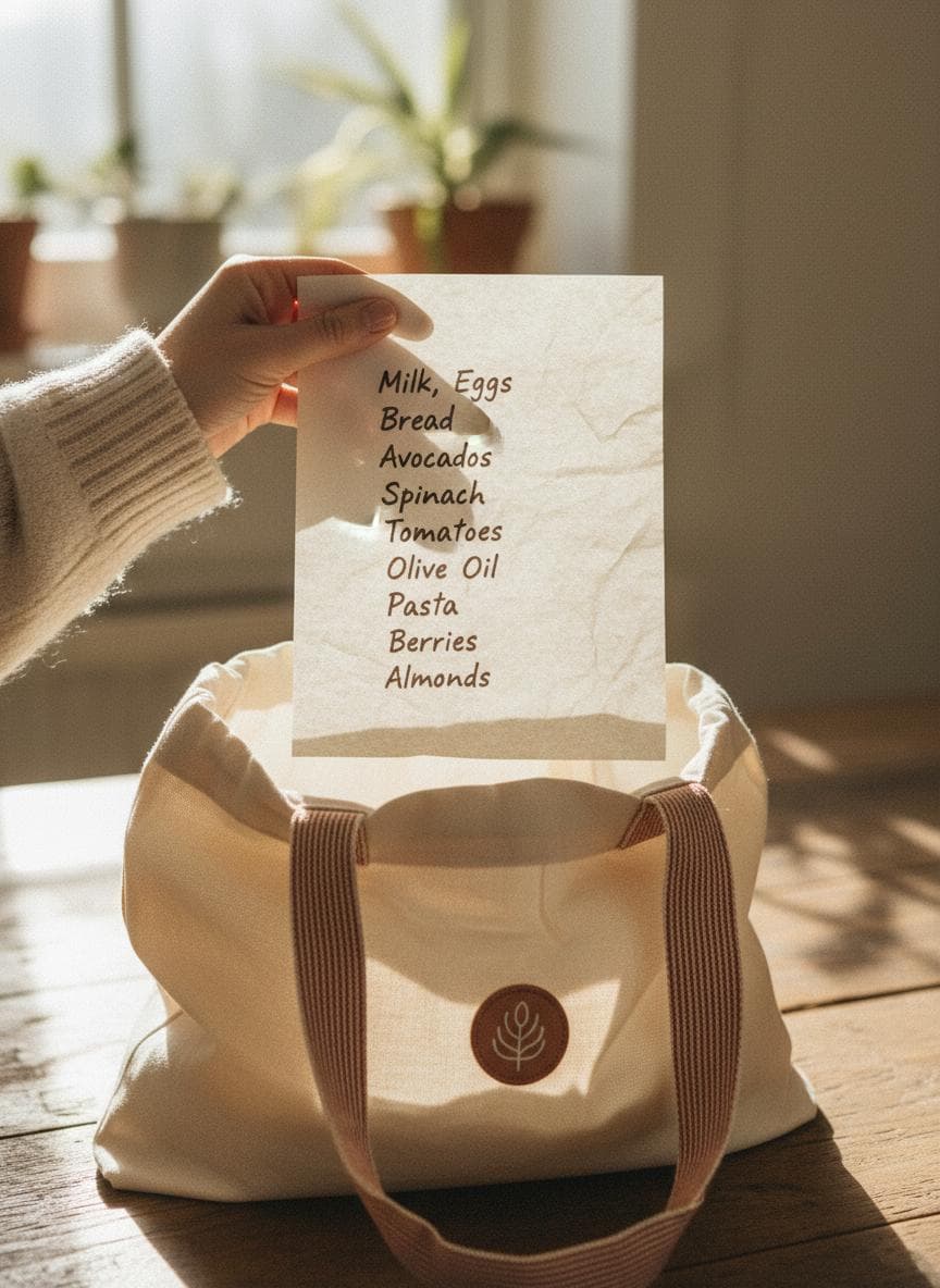 Hand holding a handwritten grocery list above a grocery tote