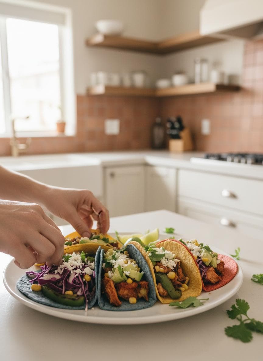 Street taco dinner plated on a kitchen counter